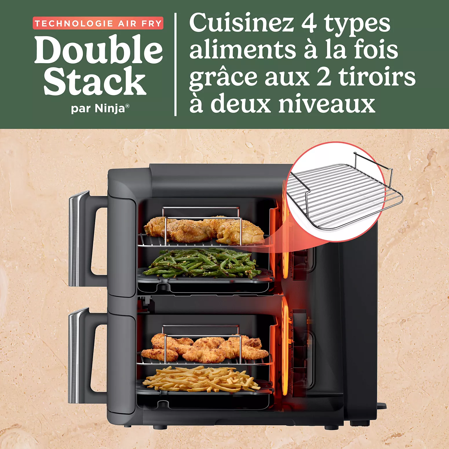NINJA Double Stack XL SL400EU – Friteuse sans Huile Verticale 9,5 L – 2 Tiroirs & 4 Niveaux de Cuisson – Gris - Thumbnail 6