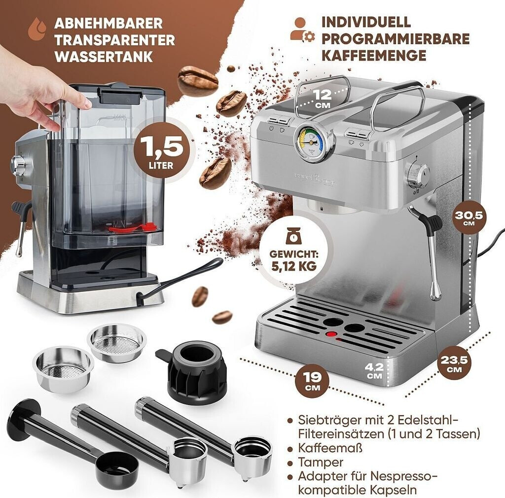 Machine à Espresso ProfiCook PC-ES 1267 – Automatique – Porte-Filtre – Pompe à Espresso Italienne 20 Bar – Café en Poudre & Capsules Nespresso - Thumbnail 7