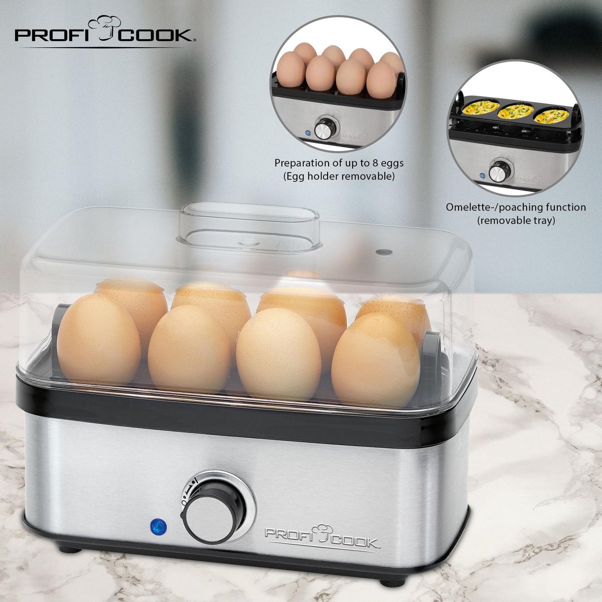 Cuiseur à Œufs ProfiCook PC-EK 1139 – Jusqu’à 8 Œufs – Omelettes – Acier Inoxydable – Signal Acoustique