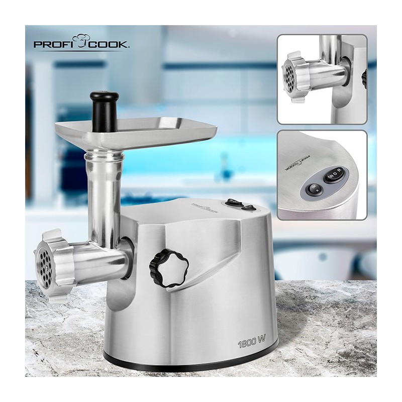 Hachoir à Viande ProfiCook PC-FW 1172 – Professionnel – 1800 W – 3 Disques Métal – Tête Clé & Saucisse – Lames Acier Inoxydable – Argent - Thumbnail 2