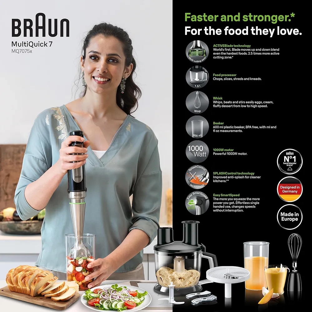 Mixeur Plongeant Braun MultiQuick 7 MQ 7075 X – 1000 W – Inox / Noir – Puissant et Multifonction - Thumbnail 2