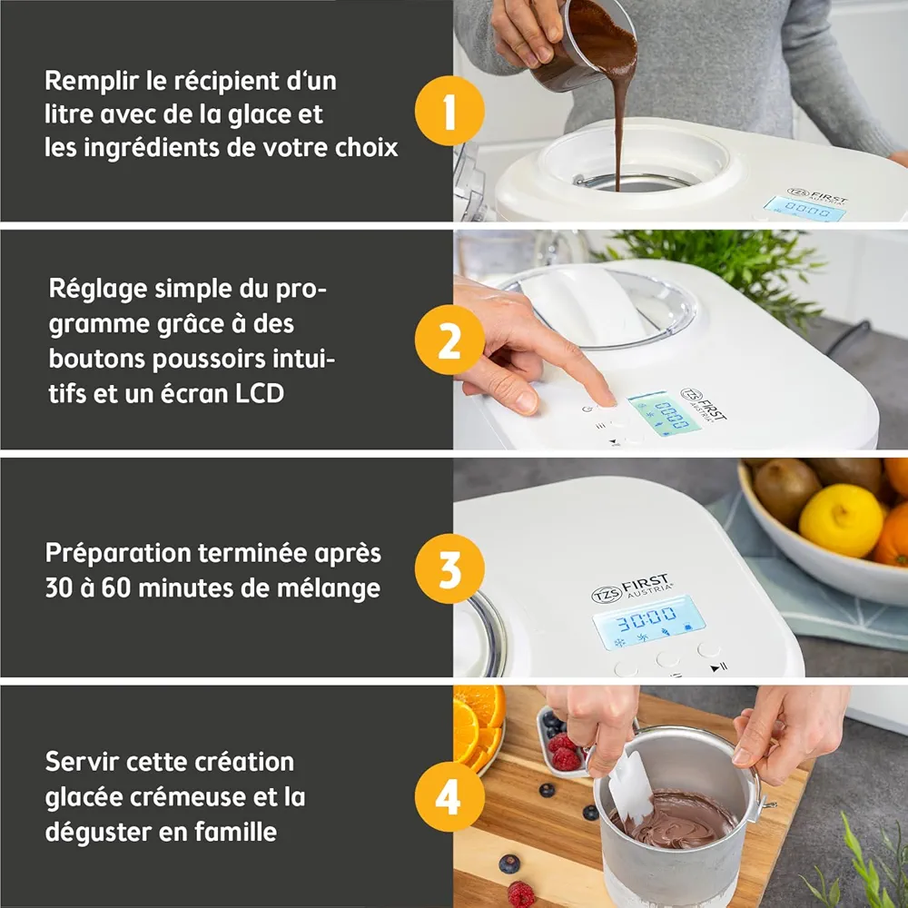 TZS First Austria – Sorbetière 1L avec Compresseur 3-en-1 | Machine à Glace Auto-Réfrigérante 100W | Frozen Yogurt, Sorbet & Glace - Thumbnail 4