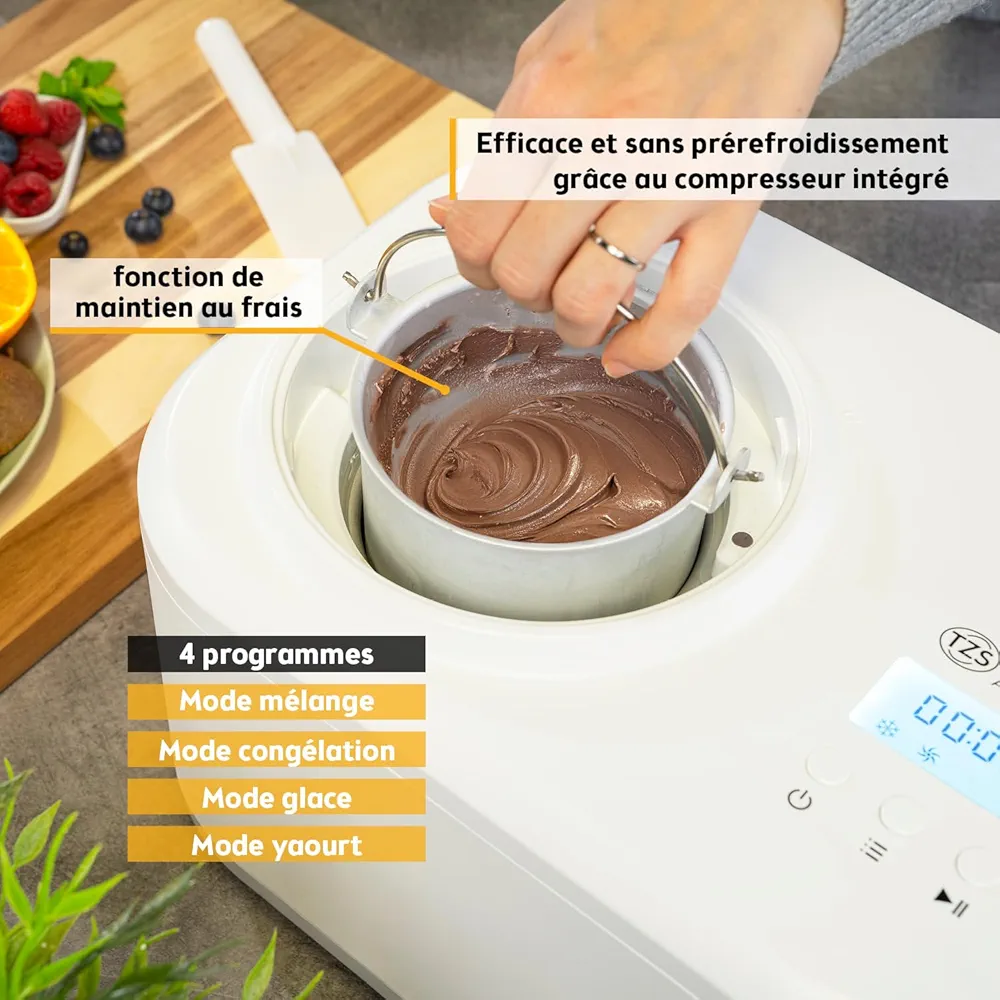 TZS First Austria – Sorbetière 1L avec Compresseur 3-en-1 | Machine à Glace Auto-Réfrigérante 100W | Frozen Yogurt, Sorbet & Glace - Thumbnail 3