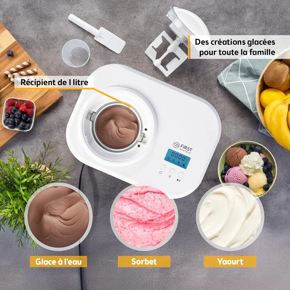 TZS First Austria – Sorbetière 1L avec Compresseur 3-en-1 | Machine à Glace Auto-Réfrigérante 100W | Frozen Yogurt, Sorbet & Glace - Thumbnail 5