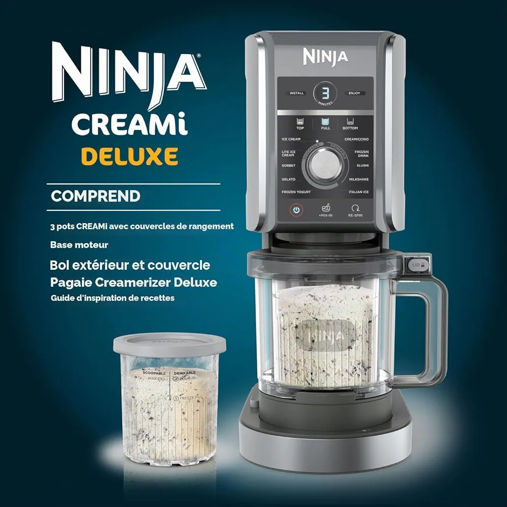 Ninja CREAMi Deluxe – Sorbetière & Machine à Desserts Glacés | 10 Fonctions | 3 Bacs Inclus | Glace, Gelato, Sorbet, Yaourt Glacé, Milkshake & Granité - Thumbnail 4
