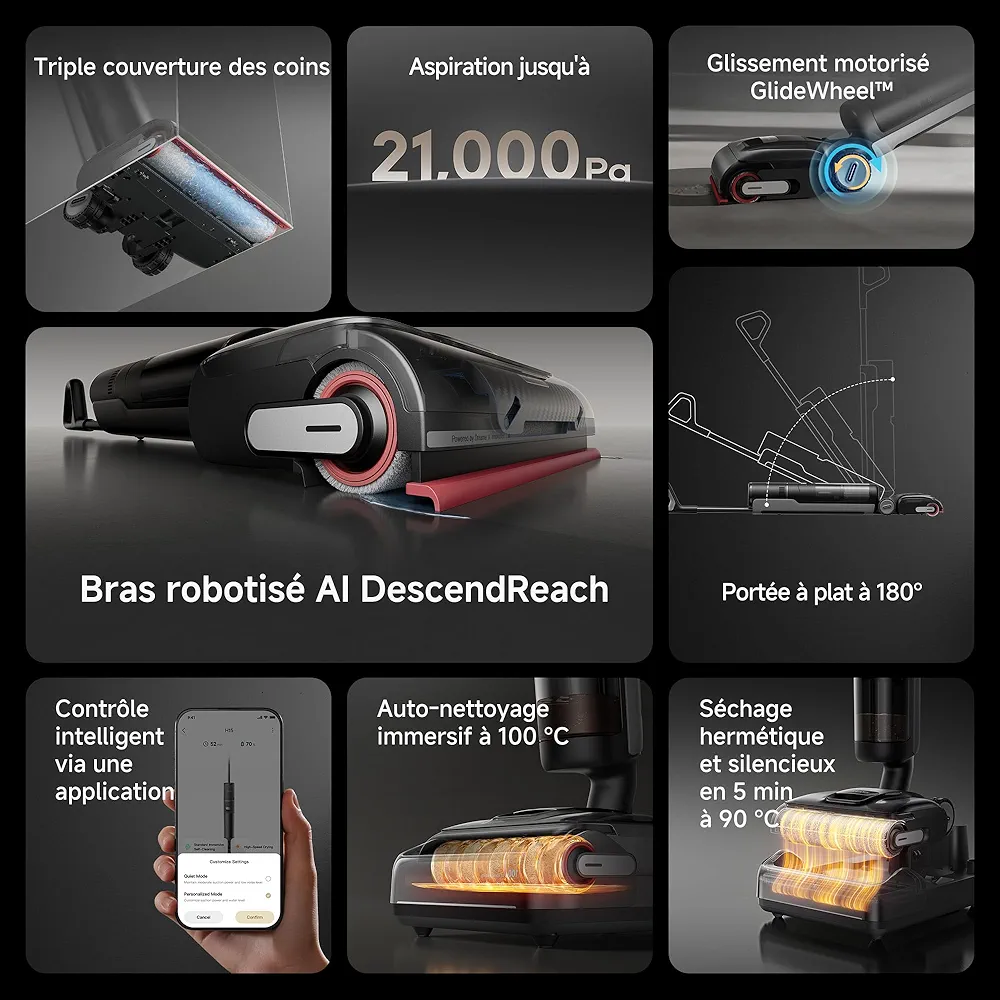 DREAME H15 Pro – Aspirateur Laveur Sans Fil 21 000 Pa | AI DescendReach | Lavage 100°C | Contrôle par Application - Thumbnail 2